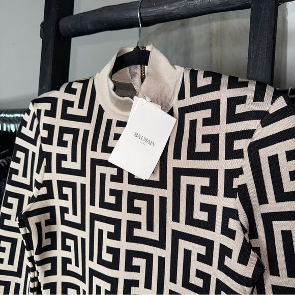 Balmain Ivory & Noir Monogram Shoulder Pad Knit Mini Dress - Picture 9 of 17